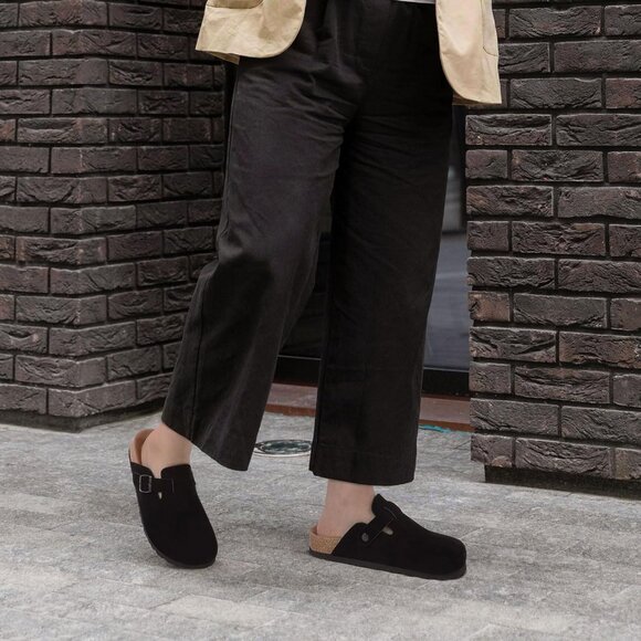 Women's Black Genuine Suede Clogs Soft Footbed Leather Comfort Slip On Shoes - Picture 2 of 6